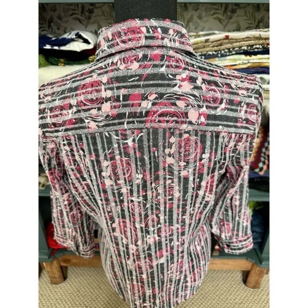 Christopher & Banks Womens Medium Rose Design Black Striped Button Up Sz Small - Picture 10 of 11
